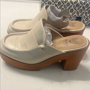 Cream Leather Mules with Chunky Wooden Heel
